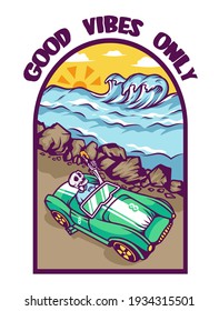 Vector illustration of a relaxing skull riding a car on the beach. For t-shirt print and other uses.