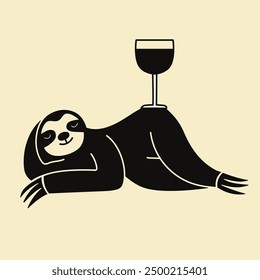 Vector illustration with relaxing sloth and glass of wine or other drink. Black white monochrome print design with animal and drink, apparel print, wall decoration poster, bar menu element