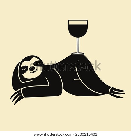 Vector illustration with relaxing sloth and glass of wine or other drink. Black white monochrome print design with animal and drink, apparel print, wall decoration poster, bar menu element