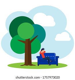 Imagen vectorial de relajación en primavera con un fondo azul, joven relajándose en una silla de césped, disfrutando alegremente de unas vacaciones. 
