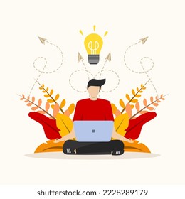 Vector illustration, relaxing and working meditation concept, health benefits for body, mind and emotions, lotus position, thought process, young character meditating at home or office. flat design