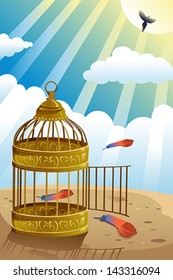 A vector illustration of releasing bird from the cage for let it go or freedom concept