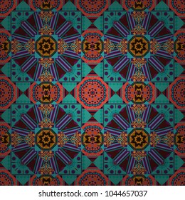 Vector illustration. Relief waves of ornamental mosaic tile patterns in blue, brown and purple colors. Ornate seamless texture background. Different mosaic textures.