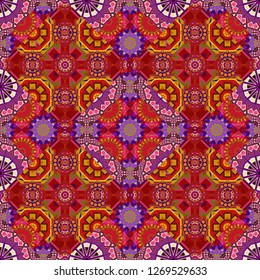 Vector illustration. Relief waves of ornamental mosaic tile patterns in red, orange and brown colors. Different mosaic textures. Ornate seamless texture background.