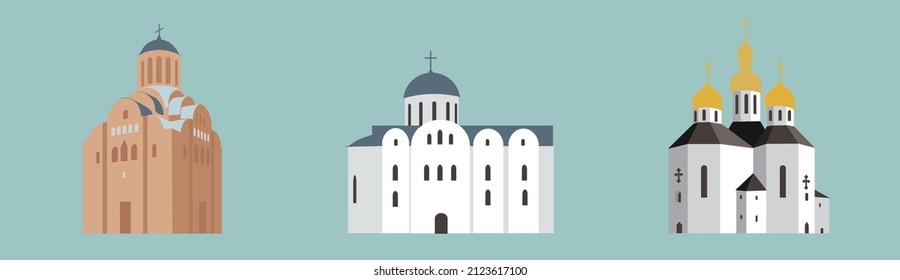 Vector illustration for religious architecture design. Cartoon silhouette of a church building with a cross, Flat landscape.