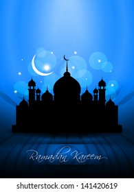 vector illustration of religious blue color background design for Eid with text ramadan kareem and mosque.