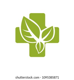 Vector illustration of religious Christianity cross composed with green spring leaves. Charity and volunteer theme. Alternative medicine concept.
