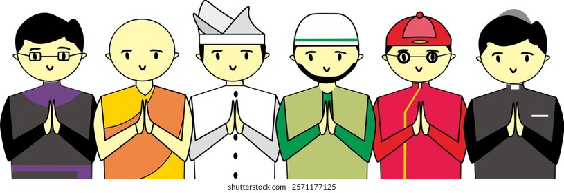 Vector illustration of religious diversity characters, tolerance of various religions, various religions in peace