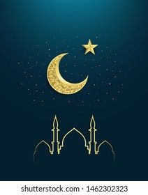 Vector illustration of religious islamic template with mosque, star and crescent moon. Eid Mubarak. Eid al-Adha. Ramadan.
