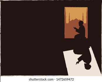 Vector illustration of religious Muslim man pray to God at home.Silhouette minimal retro image of man prays in Ramadan Celebration. Rustic image with mosque in twilight with grunge and grain texture.