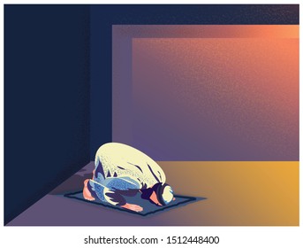 Vector illustration of religious Muslim man pray to God at home.Light and shadow image of man prays in Ramadan Celebration. Rustic image in twilight with grunge and grain texture.