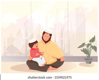 Vector illustration of religious Muslim Man teaching his little son to pray to God with rosary at home.Peaceful and Marvelous warm climate.Modern Muslim concept.