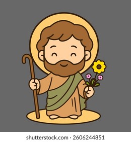 Vector Illustration of a Religious Saint Joseph Character with Halo and Staff