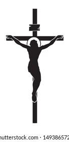 Vector illustration of religious symbol crucifix. Jesus Christ, the Son of God with a halo on his head, a symbol of Christianity. Cross with crucifixion