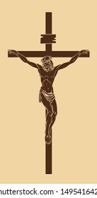 Vector illustration of religious symbol crucifix. Jesus Christ, the Son of God in a crown of thorns on his head, a symbol of Christianity. Cross with crucifixion