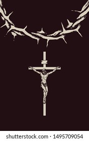 Vector illustration of religious symbol crucifix. Jesus Christ, the Son of God and a crown of thorns. Cross with crucifixion, a symbol of Christianity