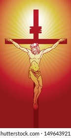 Vector illustration of religious symbol crucifix. Jesus Christ, the Son of God in a crown of thorns on his head, a symbol of Christianity. Cross with crucifixion on the red background