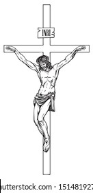 Vector illustration of the religious symbol crucifixion. Jesus Christ, the Son of God with a crown of thorns on his head, a Catholic symbol. Cross with crucifix and inscription INRI, pencil drawing.