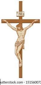 Vector illustration of the religious symbol crucifixion. Jesus Christ, the Son of God in a crown of thorns on his head, a Catholic symbol. Cross with crucifix and inscription INRI