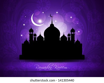 vector illustration of religious violet color background design for Eid with text ramadan kareem and mosque.