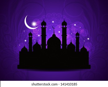 vector illustration of religious violet color background design for Eid with mosque.