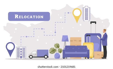 Vector illustration Relocation to new home. Moving to new house. Package for transportation. Paper cardboard boxes with various household thing. Suitcases. Van. Delivery company services