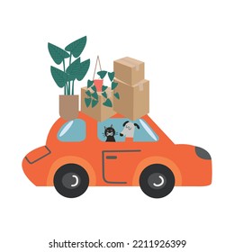 Vector illustration Relocation to new home. Moving to new house. Package for transportation. Paper cardboard boxes with various household thing. Suitcases. Van. Robot. Delivery company services