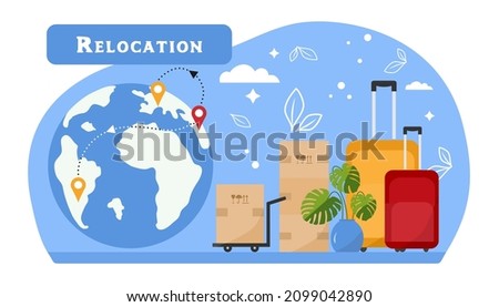 Vector illustration Relocation to new home. Moving to new house. Package for transportation. Paper cardboard boxes with various household thing. Suitcases. Van. Country. Delivery company services