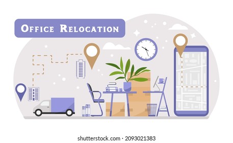 Vector illustration Relocation to new office. Moving concept. Changing address. New location. Navigation. Package for transportation. Paper cardboard boxes. Van. Delivery company services
