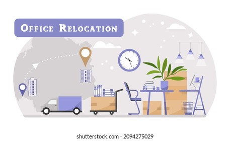 Ilustración vectorial Reubicación a una nueva oficina. Conmovedor concepto. Cambiando dirección. Nueva ubicación. Navegación. Paquete para transporte. Cajas de cartón de papel. Van. Servicios de empresa de entrega