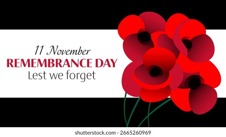 Vector illustration of remembrance day horizontal banner with red poppies on black background