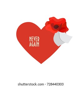 Vector illustration for Remembrance Day also known as Poppy or Armistice day: Poppy flower, heart shape, text Never Again. Anzac or Remembrance Poppy. Victory in Europe Day, generally known as V-E Day