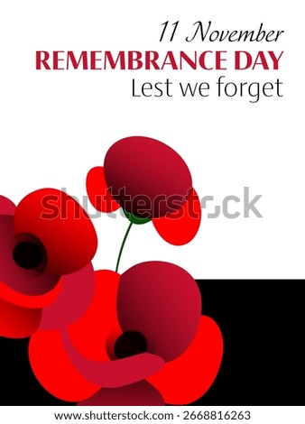 Vector illustration of remembrance day vertical poster with red poppy flowers on white and black rectangle