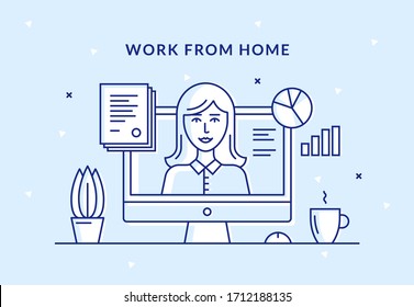 Vector illustration of a remote home office. Concept for a businesswoman working from home, telecommuting, freelance or outsourcing. Linear icon of a woman's face inside a computer monitor.