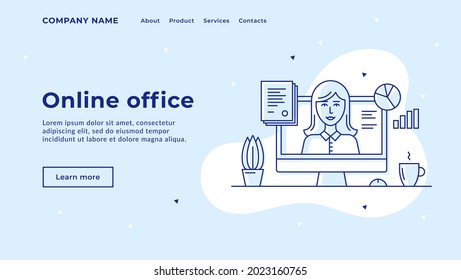 Ilustración vectorial de una oficina residencial remota. Concepto para una mujer de negocios que trabaja desde casa. Icono lineal de la cara de una mujer dentro de un monitor de computadora. Plantilla para página principal o banner del sitio web.