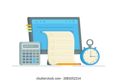 Vector illustration of remote testing. Monitor concept with a completed test. 