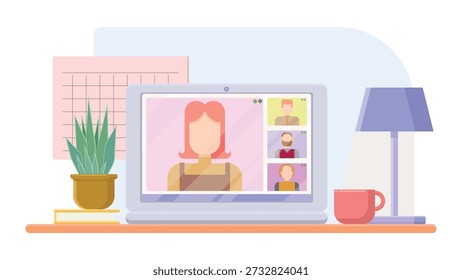 Ilustración vectorial de la conferencia remota. Escena de dibujos animados de trabajo remoto, aprendizaje, espacio de trabajo: mesa, tableta con Imágenes de personas, planta de hogar, taza, lámpara de mesa, libro aislado sobre fondo blanco.