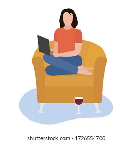 Vector Illustration Remote-Arbeit Girl arbeitet, spricht im Chat, spielt, sieht einen Film auf einem Laptop. Coronavirus Quarantine COVID-19 Entertainment zu Hause Freelance Stusting Konzept. Entwurf für Web, Druck