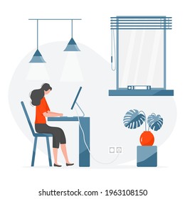 Ilustración vectorial Remote Work Girl funciona, hablando en equipo de chat en la computadora. Coronavirus COVID-19 Office en casa Acceso remoto Freelance Trabajar a distancia Estudiar el concepto en línea Diseño para impresión web