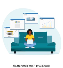 Vector illustration Remote work People work at laptop. Coronavirus COVID-19 Office at home Remote access Freelance Working remotely Studying Online concept Design for web print