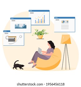 Ilustración vectorial Trabajo remoto Las personas trabajan en el portátil. Coronavirus COVID-19 Office en casa Acceso remoto Freelance Trabajar a distancia Estudiar el concepto en línea Diseño para impresión web