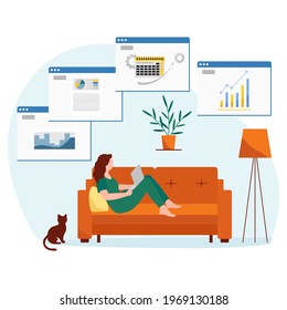 Vector illustration Remote work People work at laptop. Coronavirus COVID-19 Office at home Remote access Freelance Working remotely Studying Online concept Design for web print