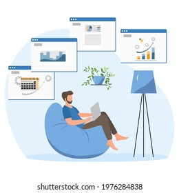 Vector illustration Remote work People work at laptop. Coronavirus COVID-19 Office at home Remote access Freelance Working remotely Studying Online concept Design for web print