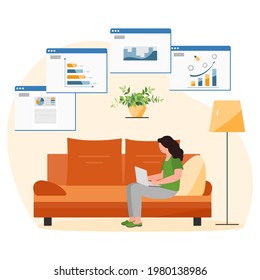 Vector illustration Remote work People work at laptop. Coronavirus COVID-19 Office at home Remote access Freelance Working remotely Studying Online concept Design for web print