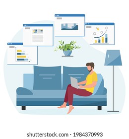 Vector illustration Remote work People work at laptop. Coronavirus COVID-19 Office at home Remote access Freelance Working remotely Studying Online concept Design for web print