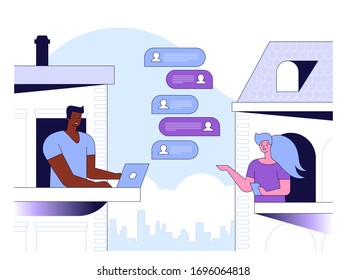 Vector illustration of remote work and self isolation concept. Shelter in place. Man and woman stay at home and work on quarantine. Coronavirus Pandemic, Online communication and work freelance.