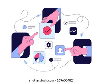 Vector illustration of remote work and self isolation concept. Shelter in place. Man and woman stay at home and work on quarantine. Coronavirus Pandemic, Online communication and work freelance.