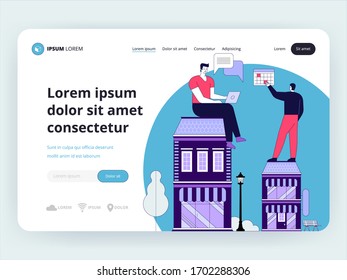 Vector illustration with remote work and self isolation concept. Men stay at home and work on laptop computer in quarantine. Coronavirus Pandemic, Online communication and work freelance
