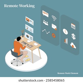 Vector illustration of remote work setup, element. The scene portrays a working remotely, emphasizing flexibility. Ideal for landing page, marketing materials, etc. Vector for easy customization.