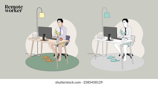 Vector illustration of remote work setup. The scene portrays a working remotely, emphasizing flexibility. Ideal for landing page, marketing materials, poster, etc. Vector format for easy customization